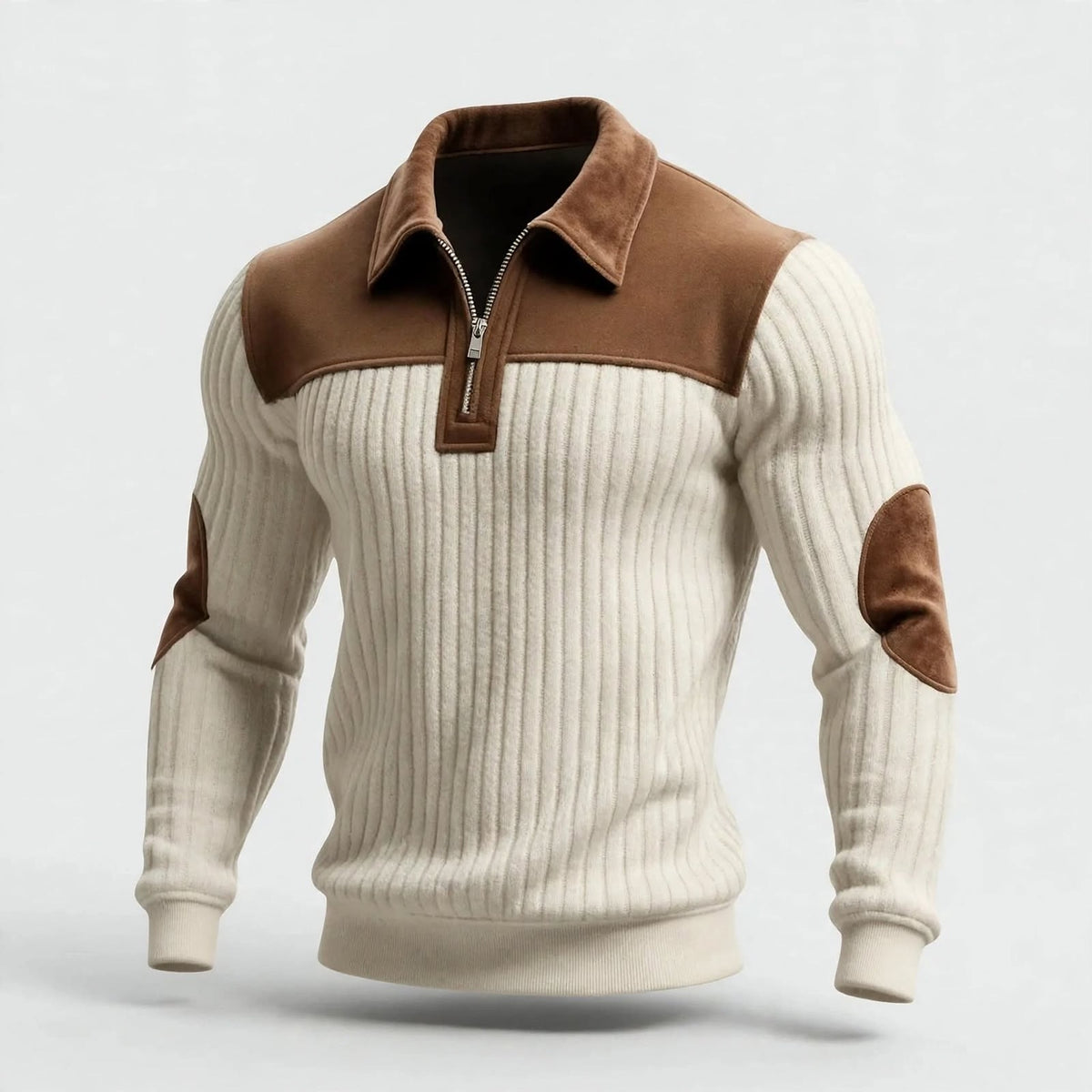 Cream ribbed knit sweater with medium brown patches and trim.