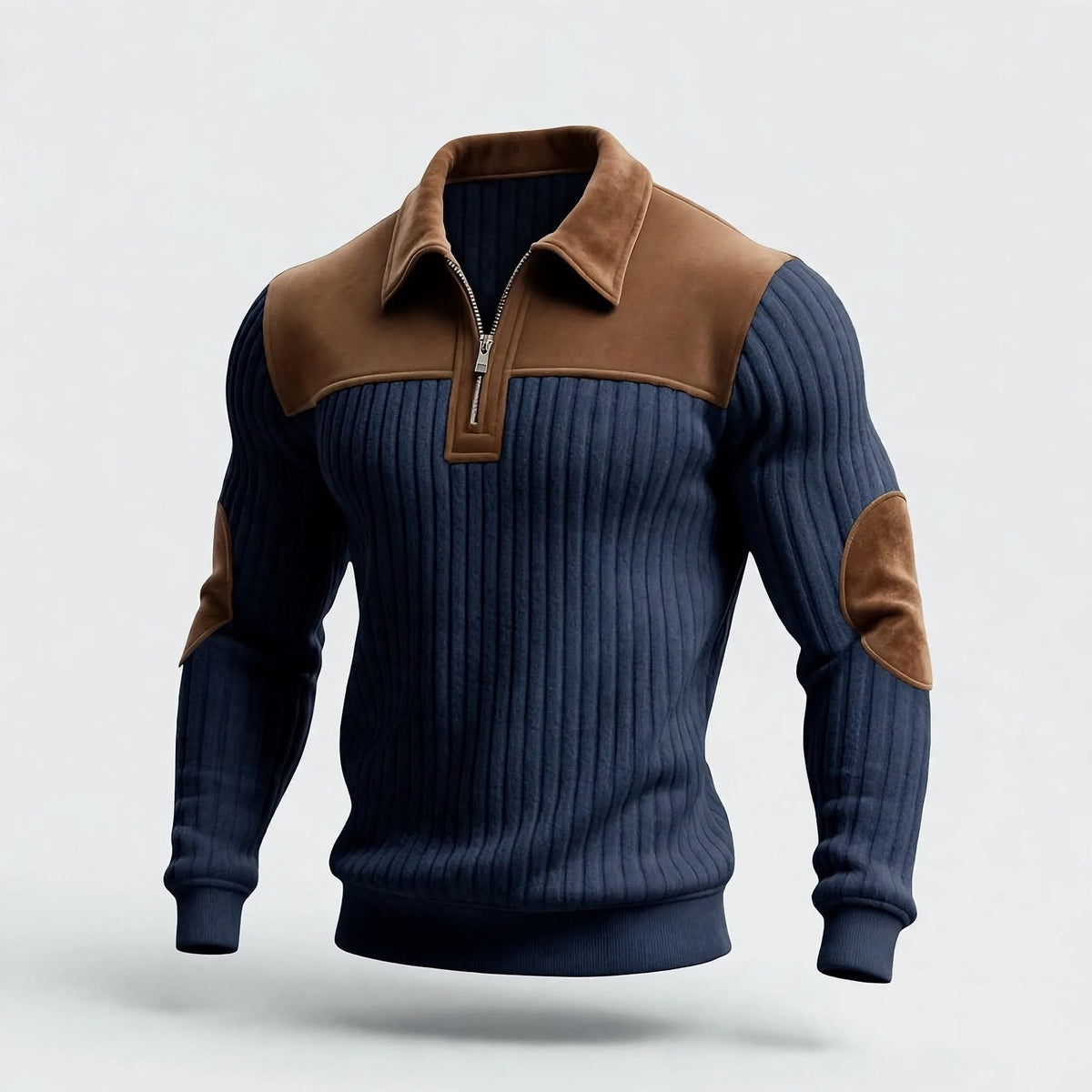 Navy blue ribbed knit sweater with brown patches and silver zipper pull.