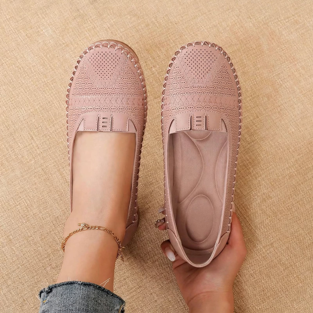 Loafer in soft dusty pink with tonal stitching and a light brown sole. (photo 2)
