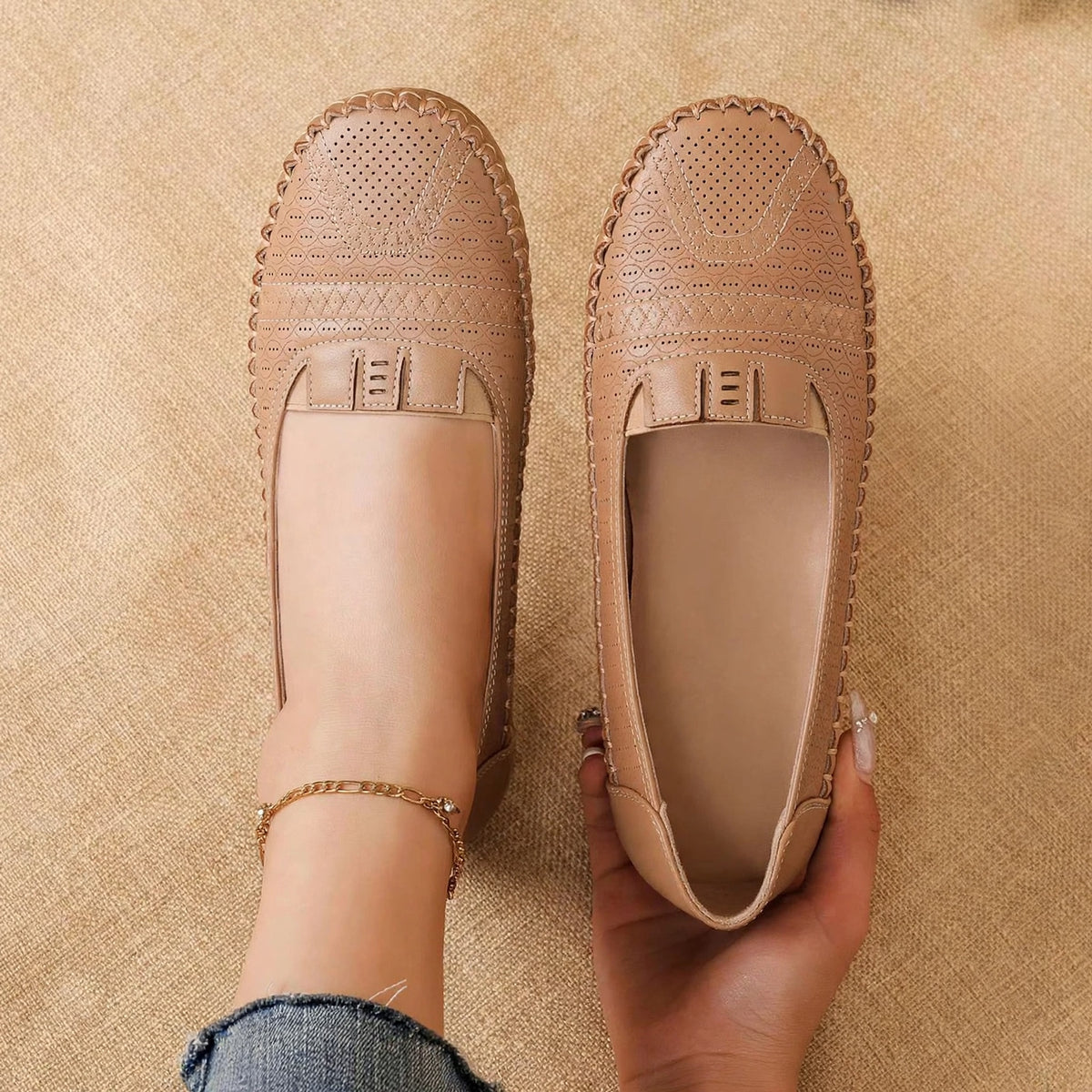 Loafer in light tan with matching stitching and a light tan sole. (photo 2)