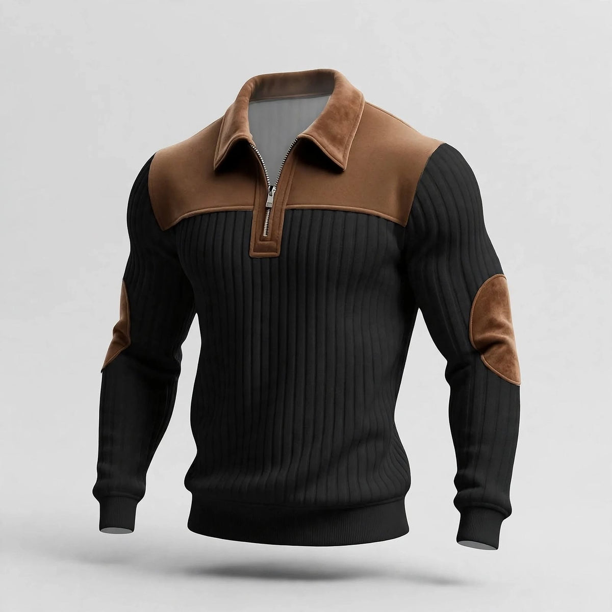 Matte black ribbed knit sweater with brown trim and patches.