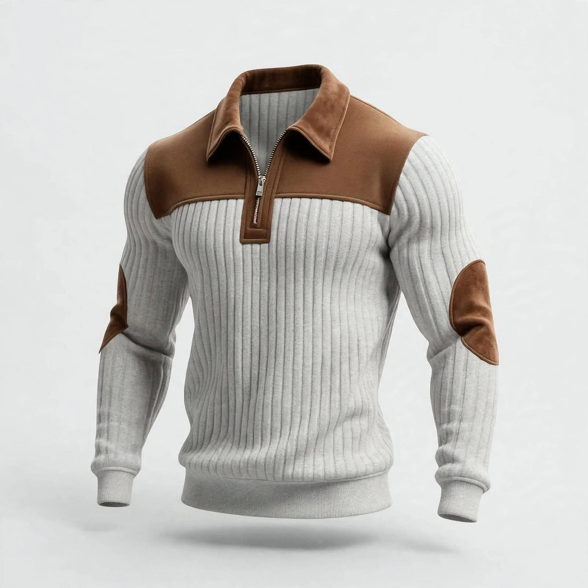 Light gray ribbed knit sweater with brown patches on shoulders and elbows.