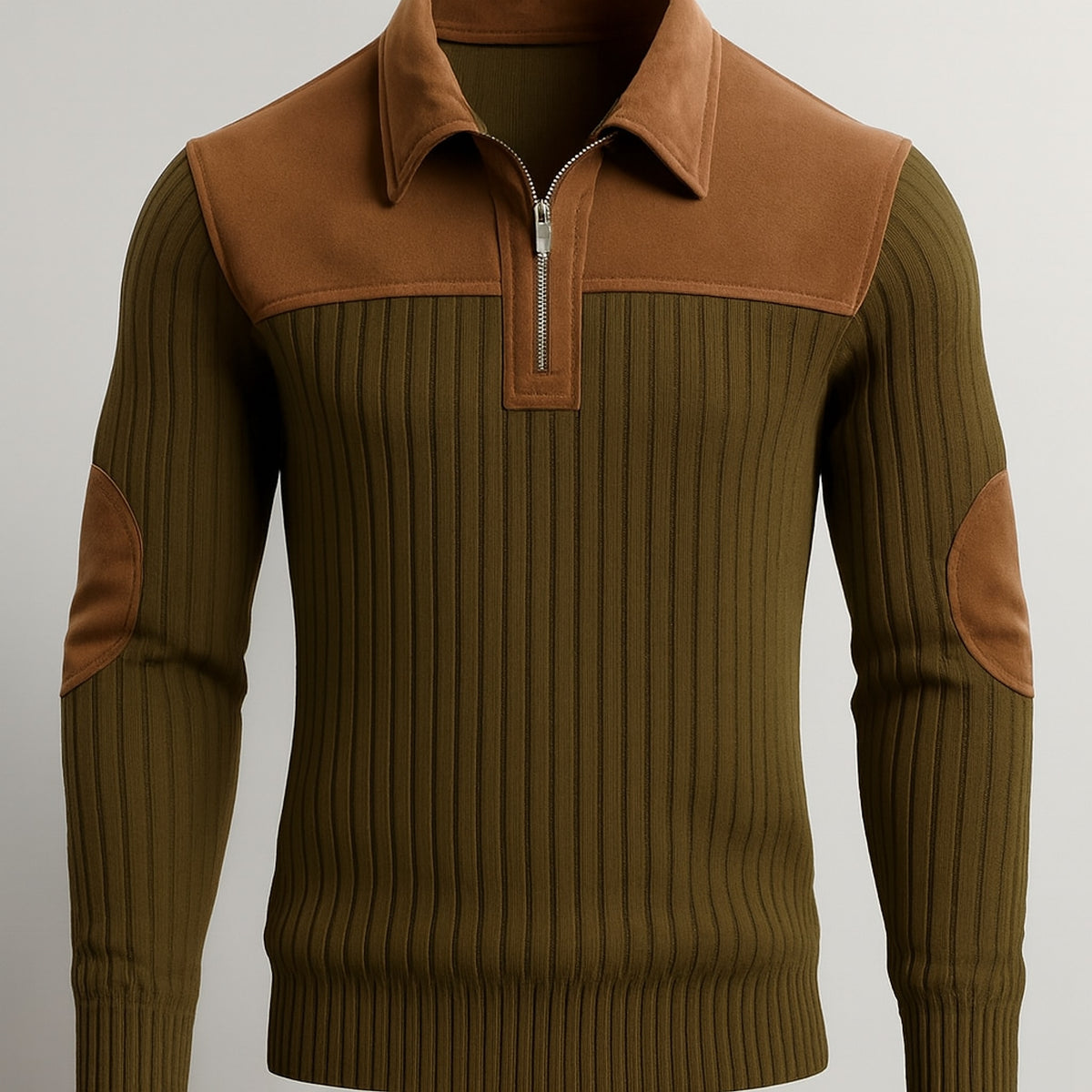 Vertical ribbed knit sweater in olive green with matte brown patches and trim.