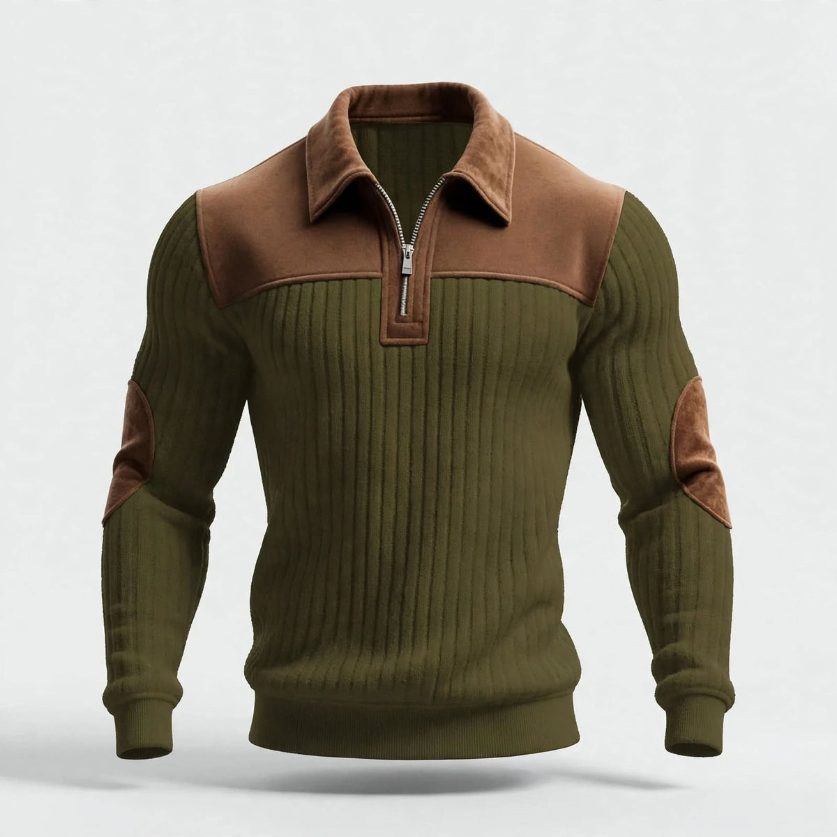 Vertical ribbed knit sweater in olive green with matte brown patches and trim. (photo 2)